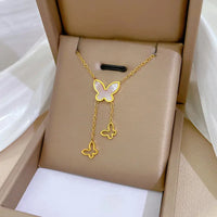 Anti Tarnish 18K Gold Plated Shell Butterfly Pendant Tassels Necklace Stainless Steel Chain Necklace