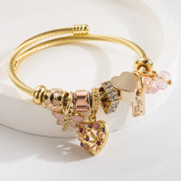 304 Stainless Steel 14K Gold-Plated Charm Bracelet with Heart & Crystal Accents
