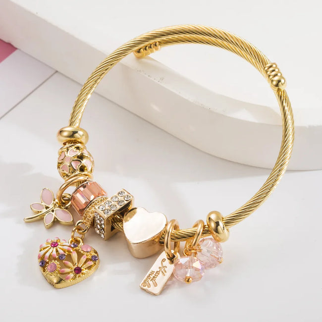 Anti Tarnish 304 Stainless Steel 14K Gold-Plated Charm Bracelet with Heart & Crystal Accents
