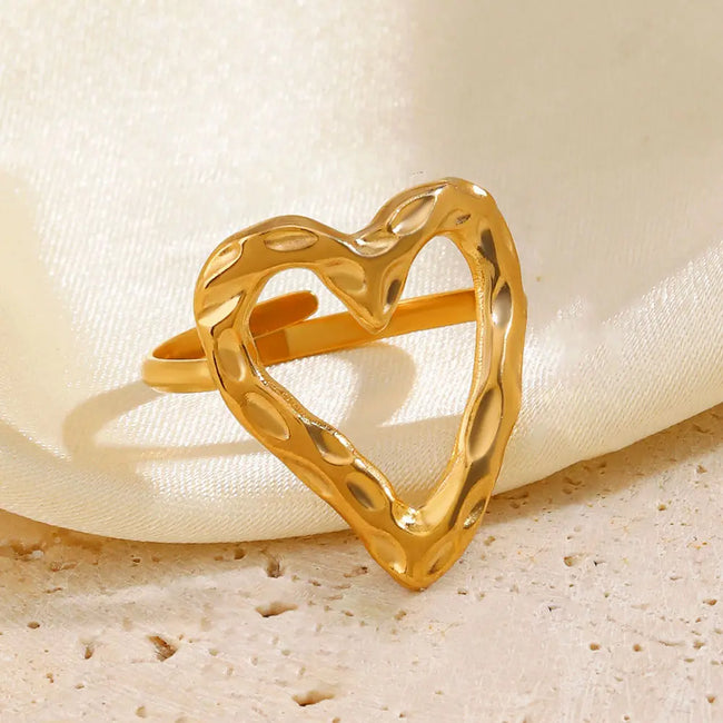 Anti Tarnish Stainless Steel Chunky Hollow out Heart Adjustable Ring