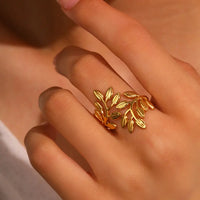 Anti Tarnish Stainless Steel Exaggerated Branch Leaf Adjustable Ring