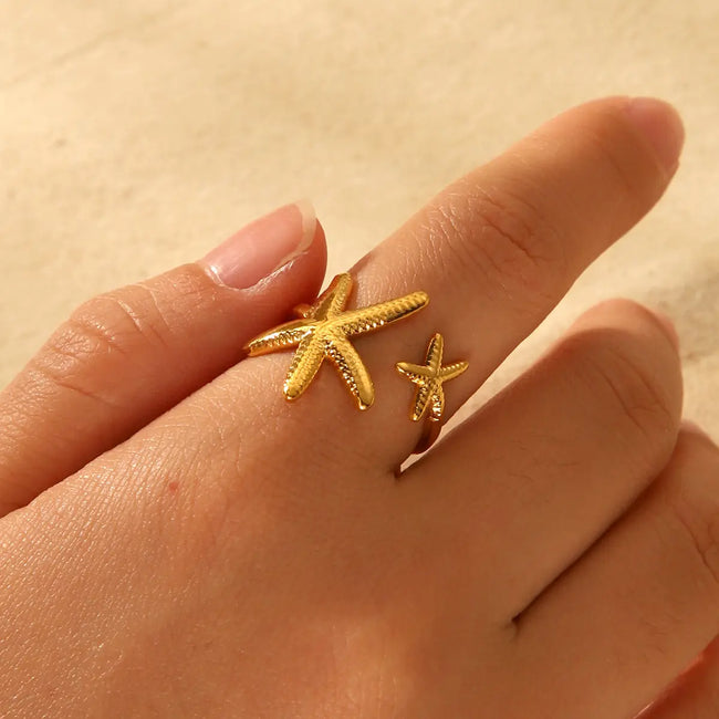 Anti Tarnish Stainless Steel Geometric Big and Small Textured Starfish Adjustable Ring