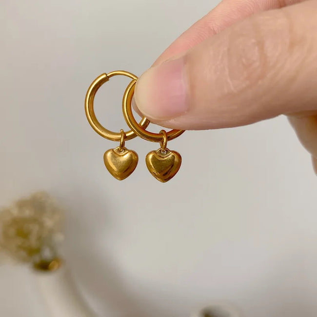 Anti-Tarnish 304 Stainless Steel 18K Gold-Plated Heart Drop Hoop Earrings