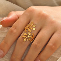 Anti Tarnish Stainless Steel Exaggerated Branch Leaf Adjustable Ring