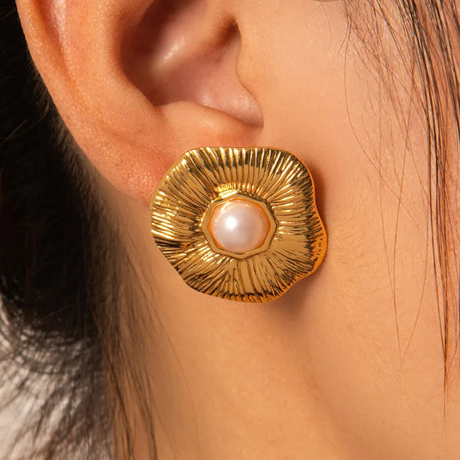 Aurora Statement Pearl Stud Earrings – 18K Gold Plated Anti Tarnish Titanium Steel