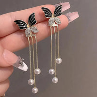 Black Butterfly Long Tassel Pearl Earring