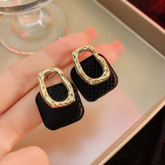 Black Color Geometric Retro Square Hollow Studs Earrings