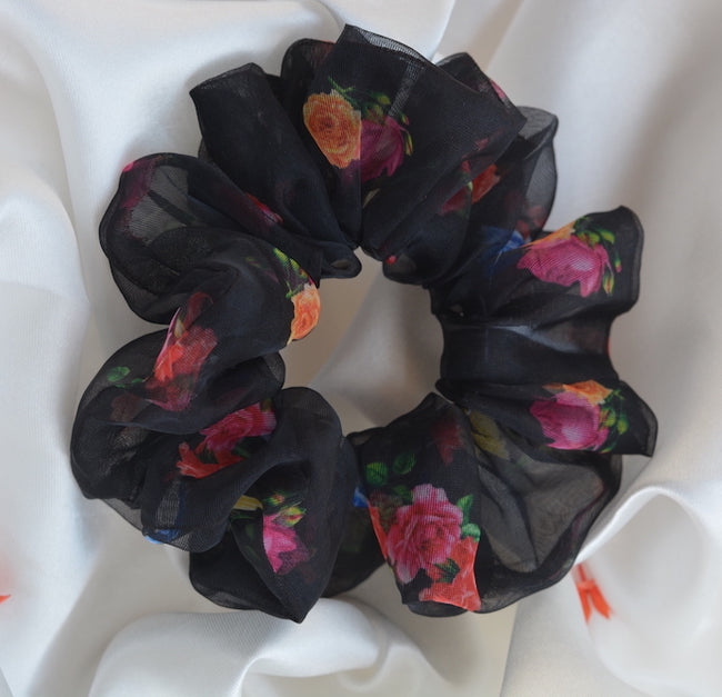 Black Flower Printed Organza Regular Size Hair Scrunchie - Soft & Romantic Accessory