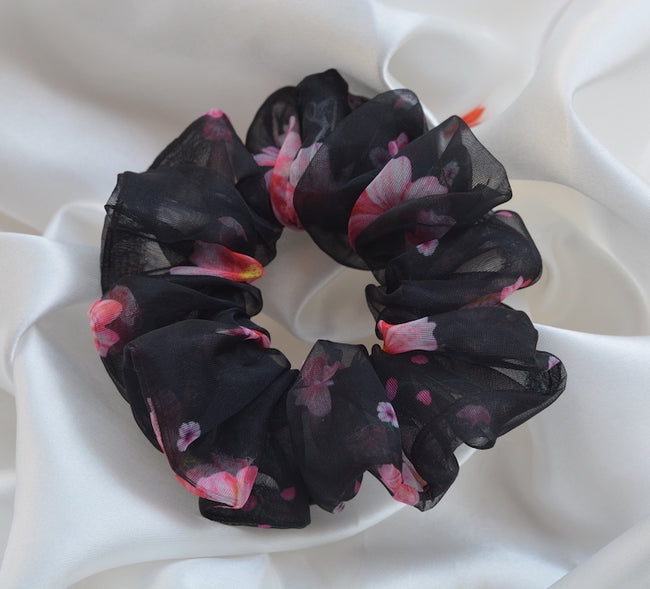 Black Printed Organza Regular Size Hair Scrunchie - Soft & Romantic Accessory