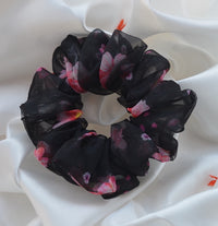 Black Printed Organza Regular Size Hair Scrunchie - Soft & Romantic Accessory