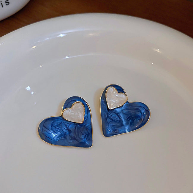 Blue Color Heart Shape Alloy Enamel Plating Stud Earring