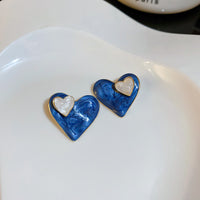 Blue Color Heart Shape Alloy Enamel Plating Stud Earring