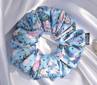 Blue Pink Flower Print Premium Quality Satin Scrunchie