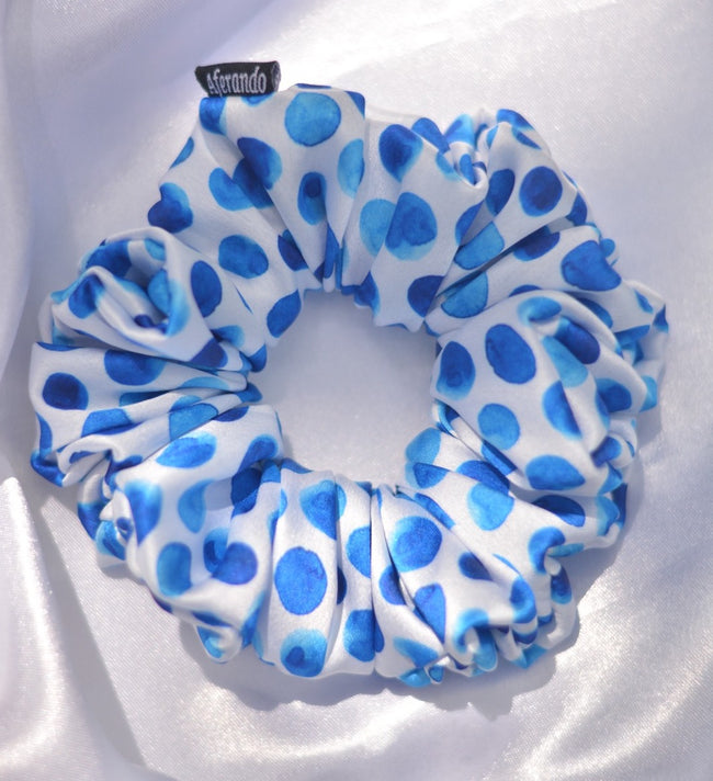 Blue Polka Dot Print Premium Quality Satin Scrunchie