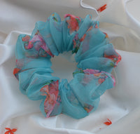 Blue Printed Organza Regular Size Hair Scrunchie - Soft & Romantic Accessory