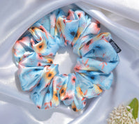 Blue Yellow Flower Printed Premium Quality Satin Scrunchie