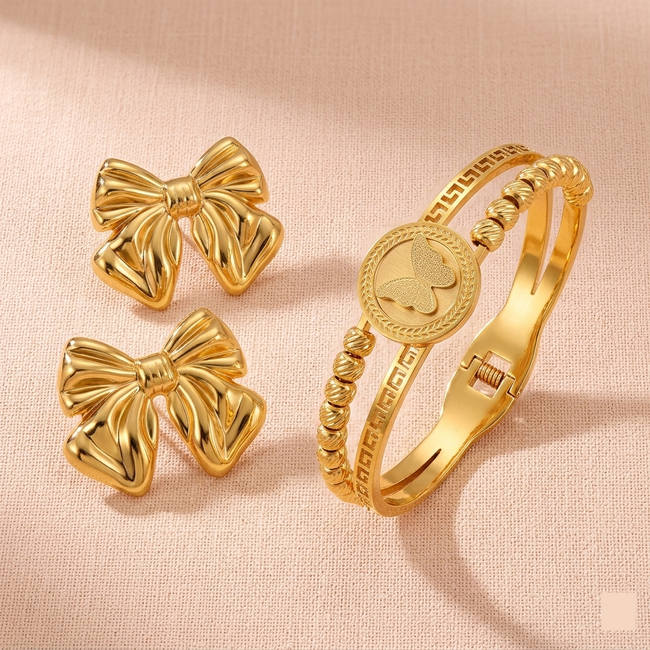 Bow & Butterfly Gold Set — Anti-Tarnish Earrings + Bracelet Combo