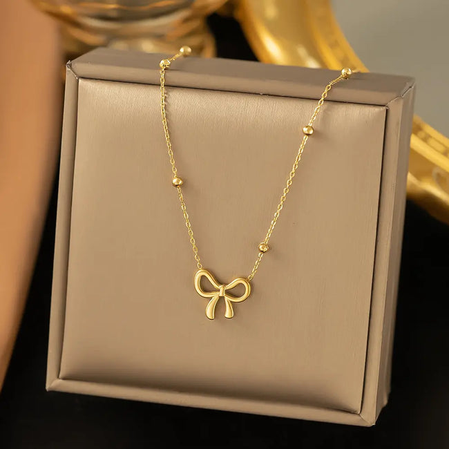 Anti-Tarnish Stainless Steel 18K Gold Plated Bow pendant Necklace