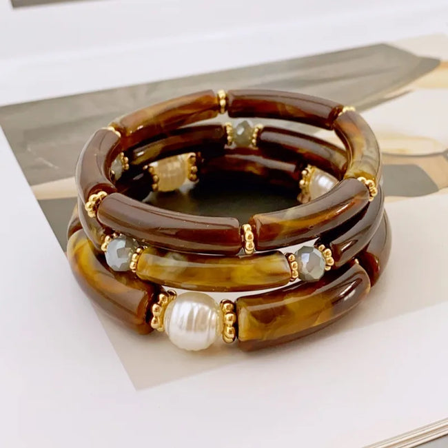 Brown Acrylic Multi-Layer Beaded Bracelet – Set of 3