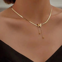 Stainless Steel Butterfly Long Tassel 18K Gold Plated Necklace