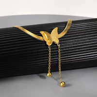 Stainless Steel Butterfly Long Tassel 18K Gold Plated Necklace