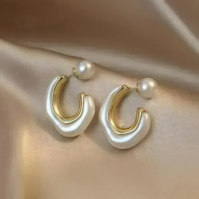 C-shaped Korean Style Pearl Hoop Earrings For Women