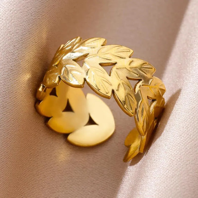 Casual Leaf Style 18K Gold Plated Stainless Steel Anti-Tarnish Open Rings