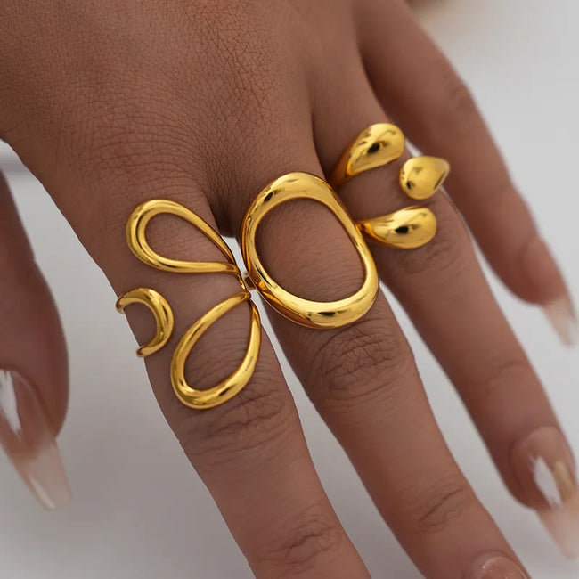 Combo Pack of 3 Anti-Tarnish 304 Stainless Steel Geometric Adjustable Rings
