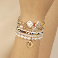Combo Set of 6 Pearl & Alloy Beaded Stacking Bracelets