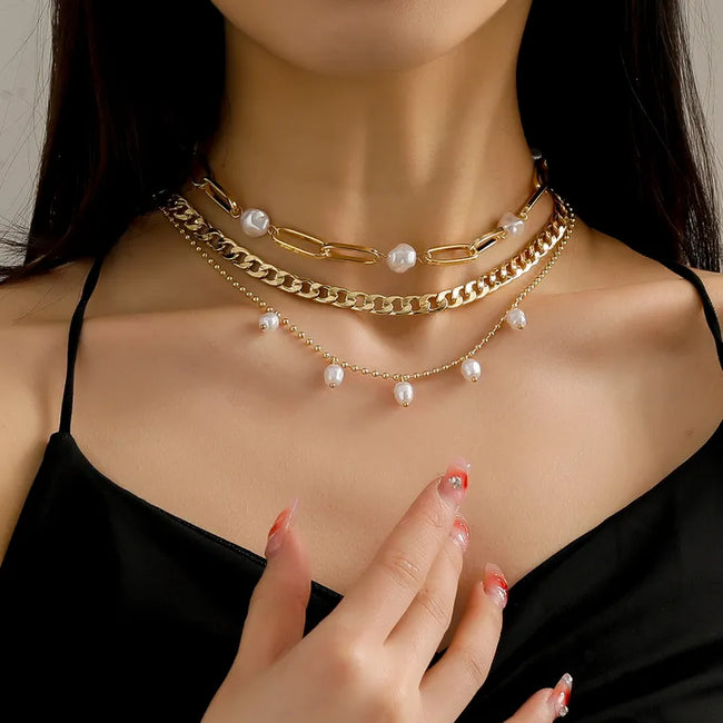 Creative Gold Plated Pearl Multi-layer Chain Necklace