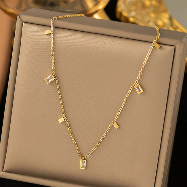Dainty Rectangle Crystal Drop Charm Anti-Tarnish Necklace