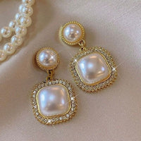Diamond Square Pearl Drop Earrings
