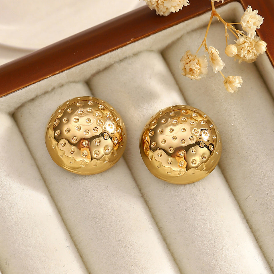 18K Gold Plated Stainless Steel Dotted Pattern Round Shape Stud Earring