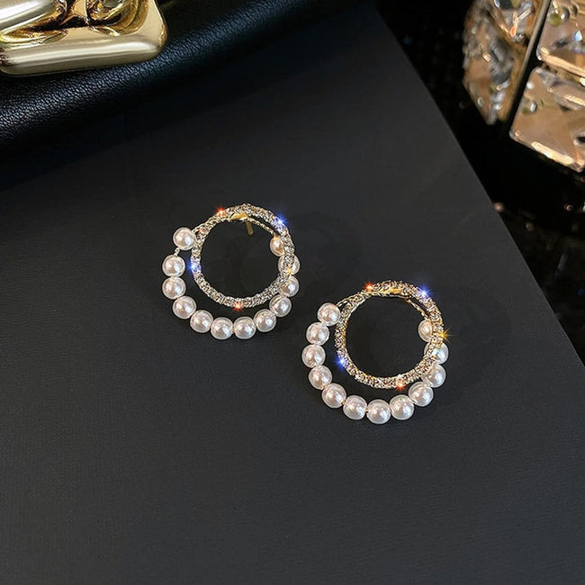 Double Circle Diamond Rhinestone Pearl Earrings