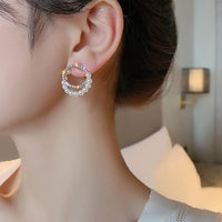 Double Circle Diamond Rhinestone Pearl Earrings