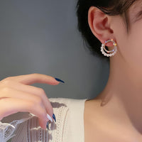 Double Circle Diamond Rhinestone Pearl Earrings