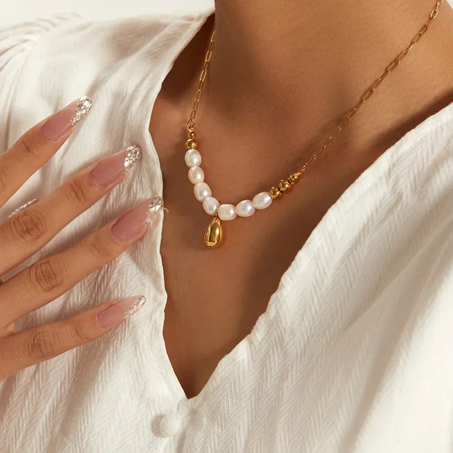 Elegant Anti-Tarnish Gold Plated Stainless Steel Pearl Drop Necklace