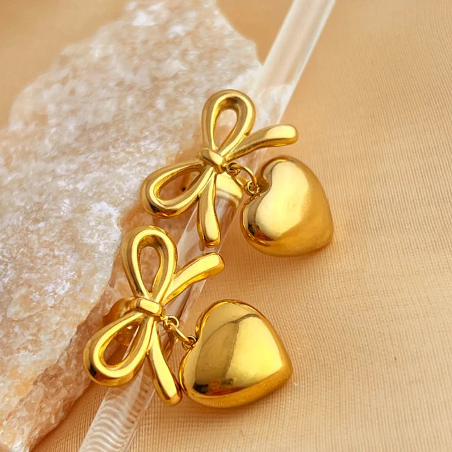 Anti-Tarnish 304 Stainless Steel 18K Gold Plated Elegant Heart Bow Knot Drop Earrings