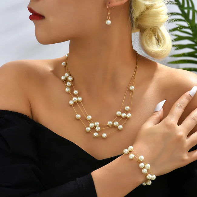 Elegant Style Pearls  Bracelets Earrings Necklace Set For Women