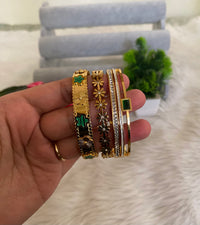 Emerald & Gold Bangle Stack — Anti-Tarnish Meadow Bloom, Emerald Gardenia & Emerald Empress Set of 3