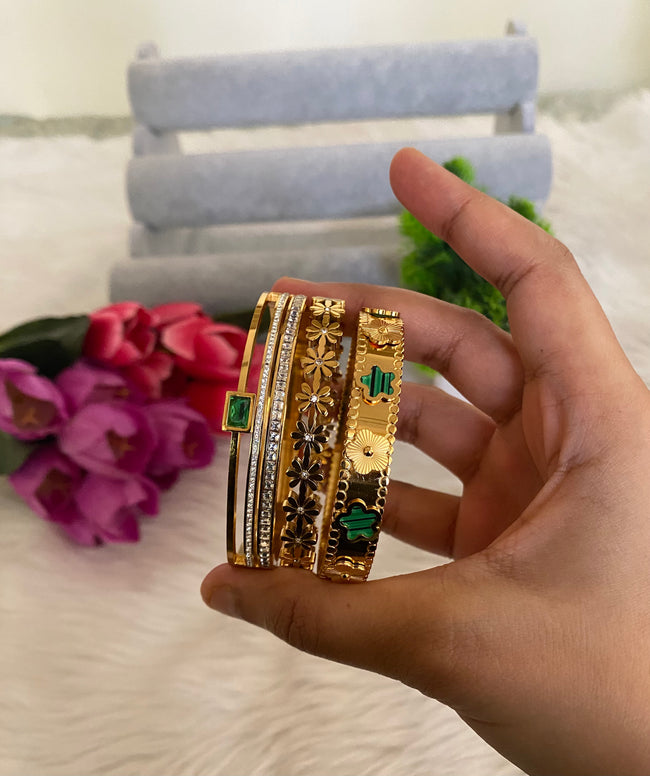 Emerald & Gold Bangle Stack — Anti-Tarnish Meadow Bloom, Emerald Gardenia & Emerald Empress Set of 3