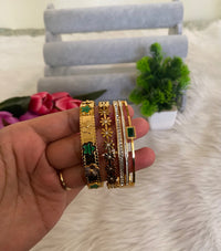 Emerald & Gold Bangle Stack — Anti-Tarnish Meadow Bloom, Emerald Gardenia & Emerald Empress Set of 3