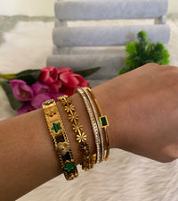Emerald & Gold Bangle Stack — Anti-Tarnish Meadow Bloom, Emerald Gardenia & Emerald Empress Set of 3