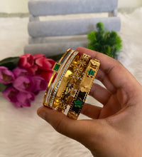 Emerald & Gold Bangle Stack — Anti-Tarnish Meadow Bloom, Emerald Gardenia & Emerald Empress Set of 3