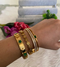 Emerald & Gold Bangle Stack — Anti-Tarnish Meadow Bloom, Emerald Gardenia & Emerald Empress Set of 3