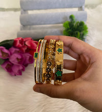 Emerald & Gold Bangle Stack — Anti-Tarnish Meadow Bloom, Emerald Gardenia & Emerald Empress Set of 3
