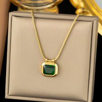 Esme anti-tarnish 18K gold plated emerald green crystal pendant necklace in gift box, emerald-cut green stone on gold snake chain