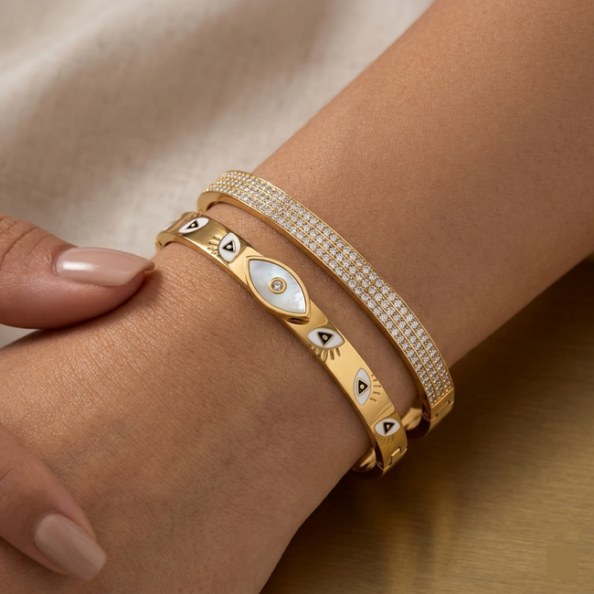 Evil Eye & Rhinestone Bangle Stack — Anti-Tarnish Bracelet Set of 2