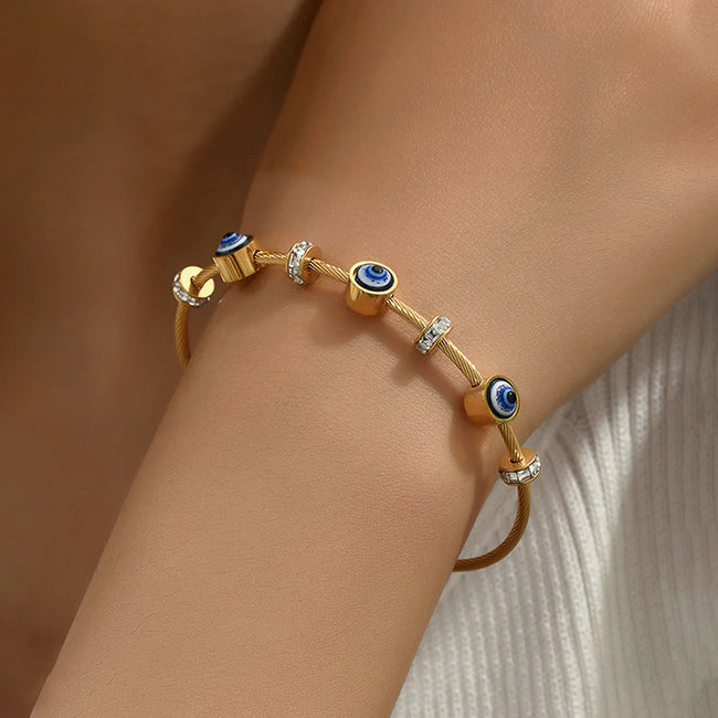 Anti-Tarnish 18K Gold Plated Evil Eye Charm Cuff Bangle Bracelet For Women — Nazar Protection