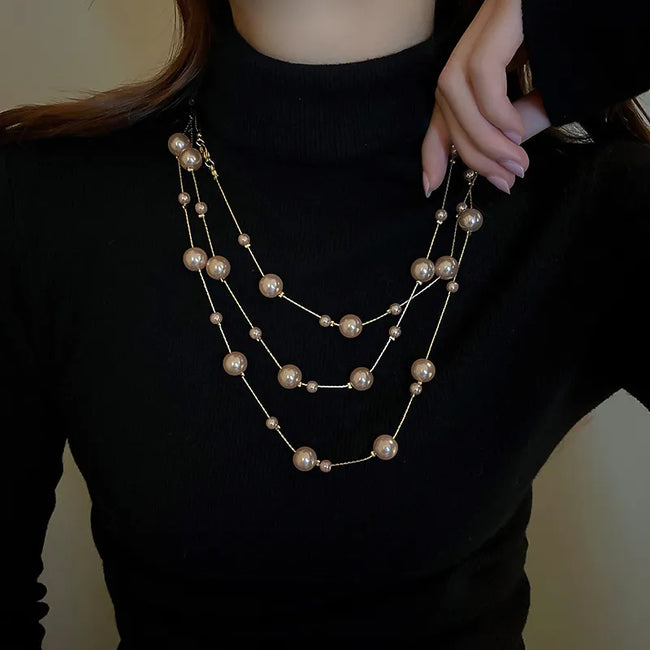 Exaggerated Long Grey Pearl Multi-layer Necklace